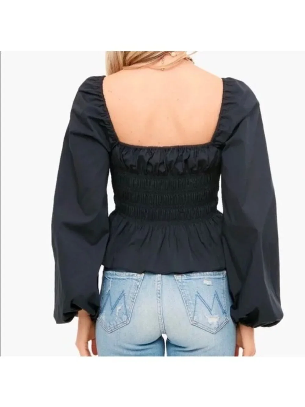 STAUD Jules Smocked Puff-Sleeve Peplum Top Black Women's Large New With Tag